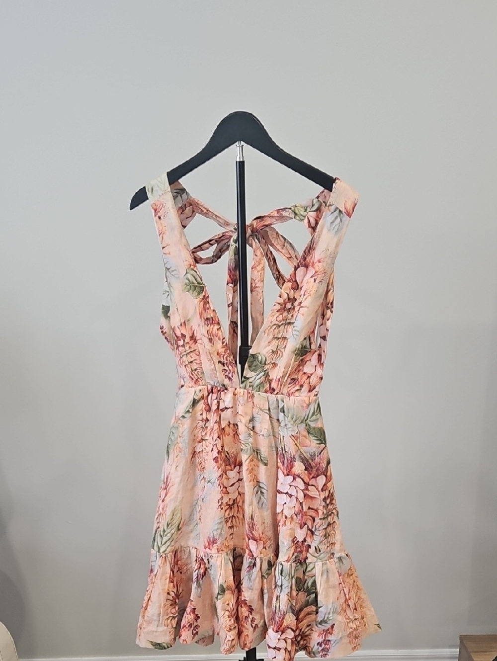 Zimmermann Peach & Floral Tie-Back Mini Dress